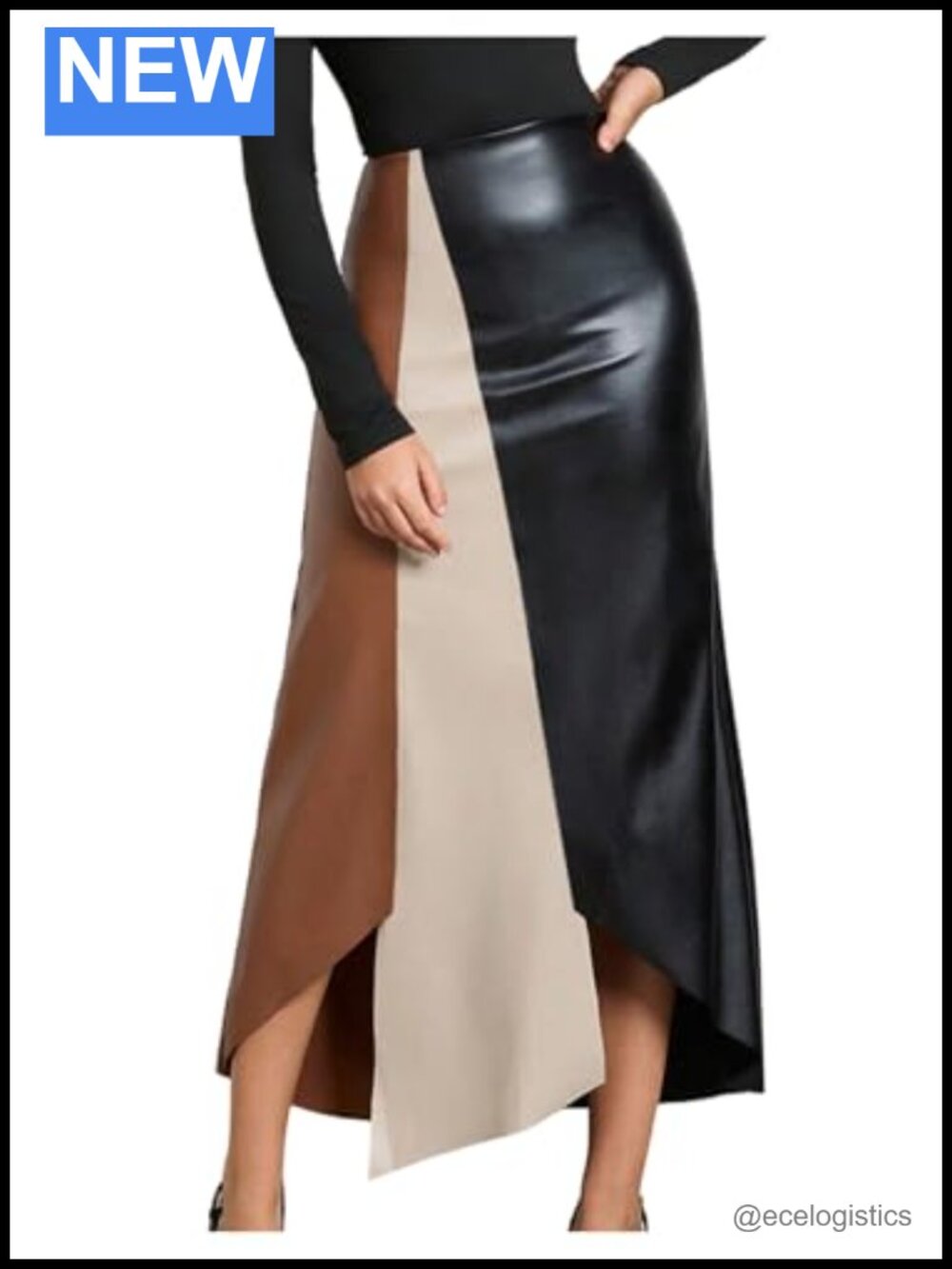 Faux Leather Asymmetrical Bodycon Maxi Skirt High Waisted Patchwork Night Out